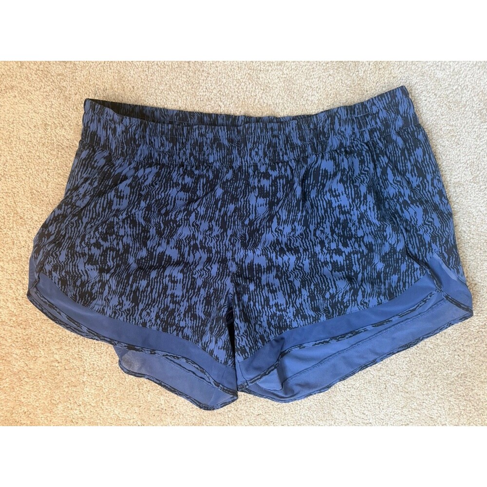 Athleta Mesh Racer Run 4” Shorts Blue Black Abstract Print Womens Large